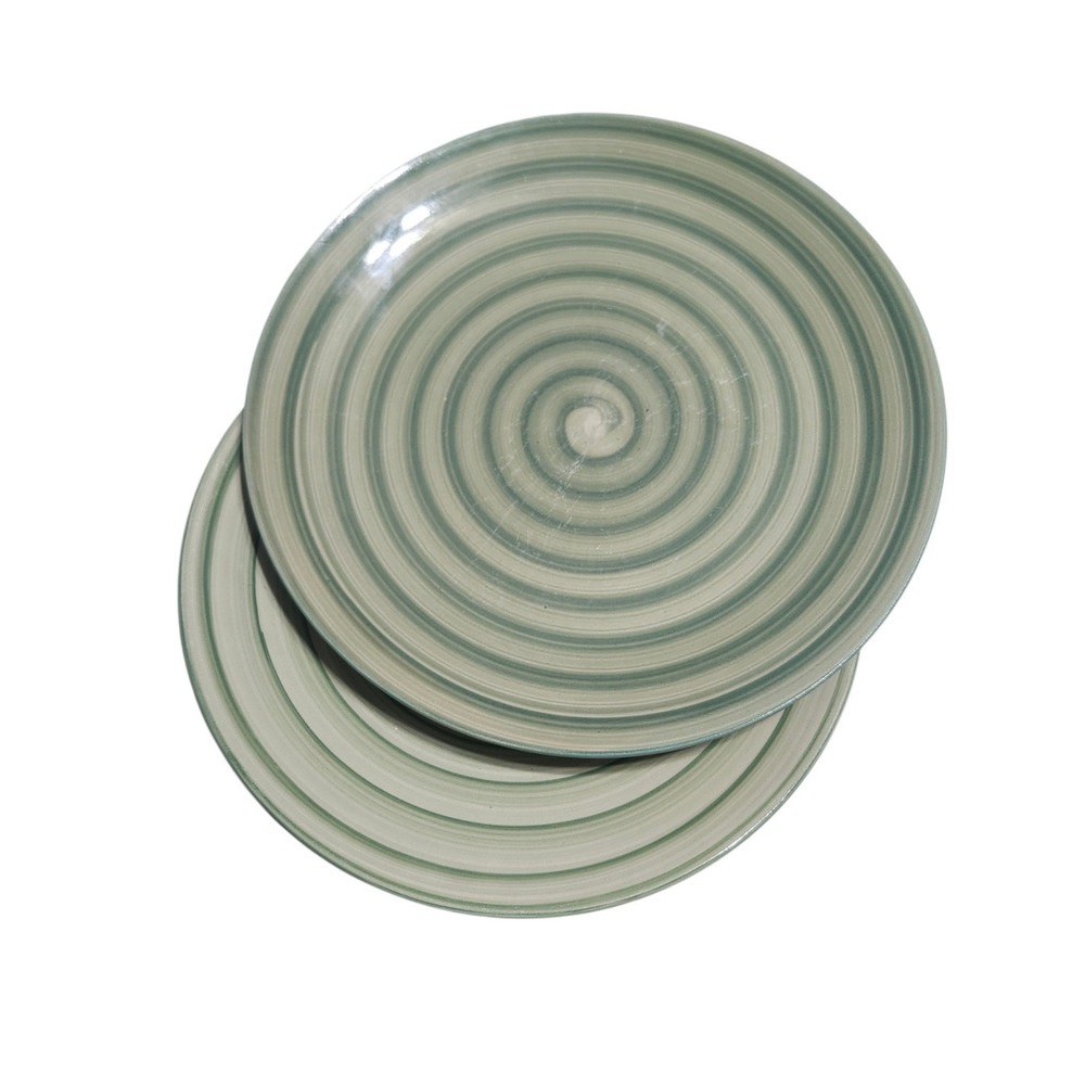 Set of 3 Swirl Hand Painted‎ Collection 11 Dinner Plates Sage Green Spiral Retro